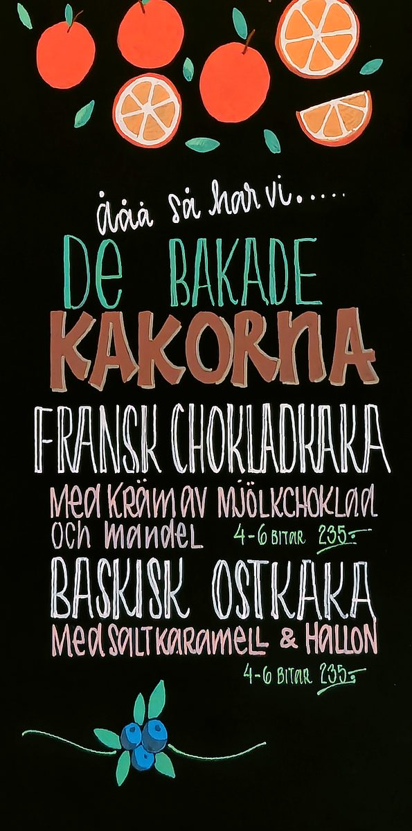 Hand-lettered blackboard bakery menu with illustrated fruit