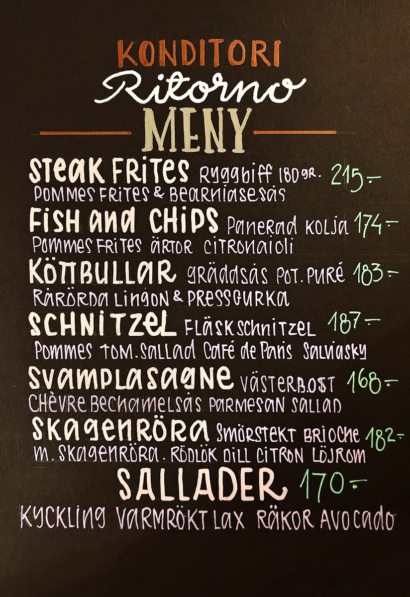 Full hand-lettered Ritorno restaurant menu board