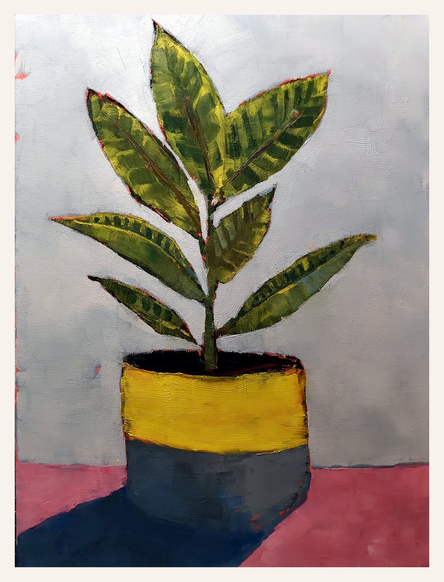 Oil painting of a plant in a yellow and grey pot on a pink surface
