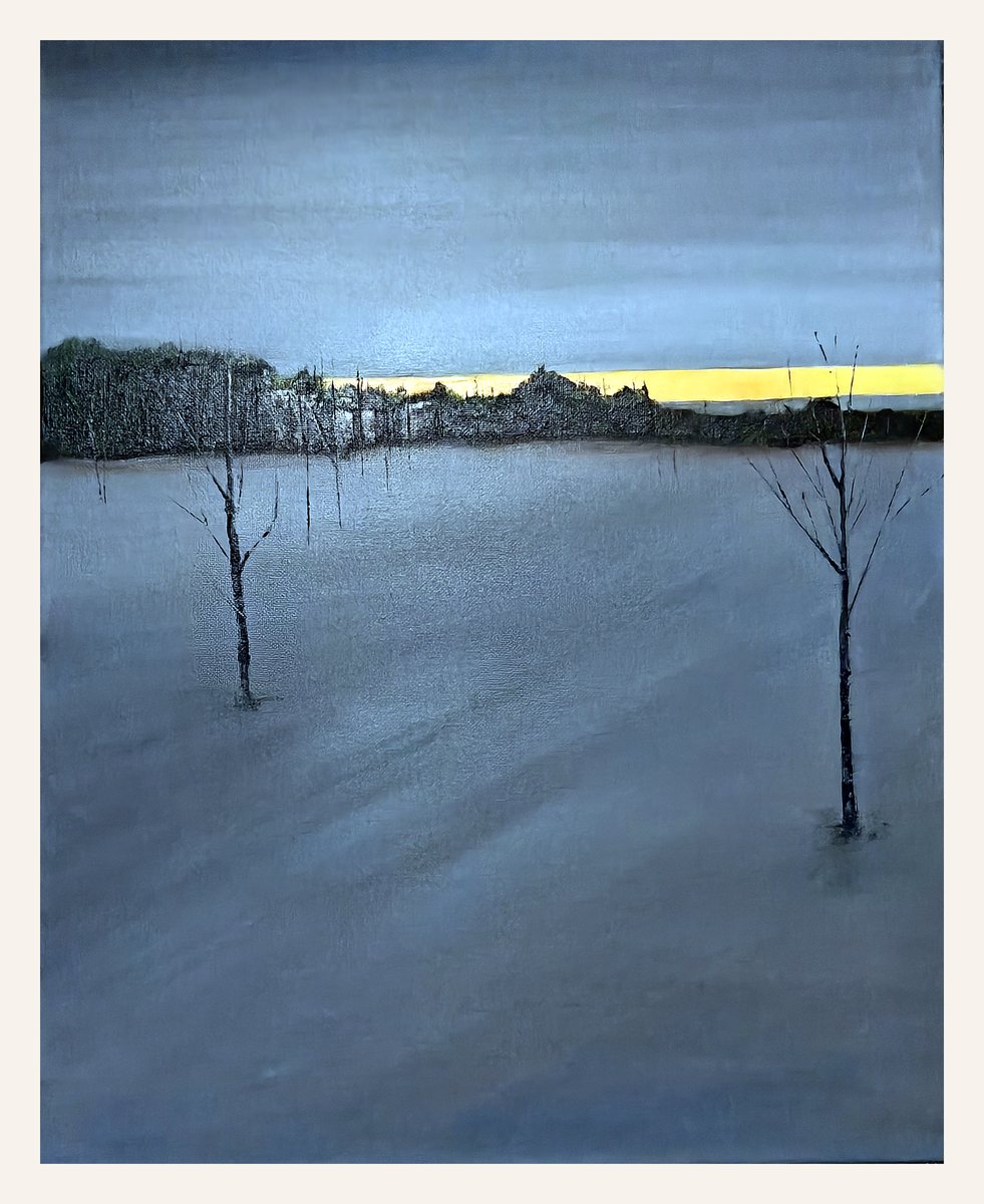 Oil painting of a grey winter landscape with trees and a yellow horizon