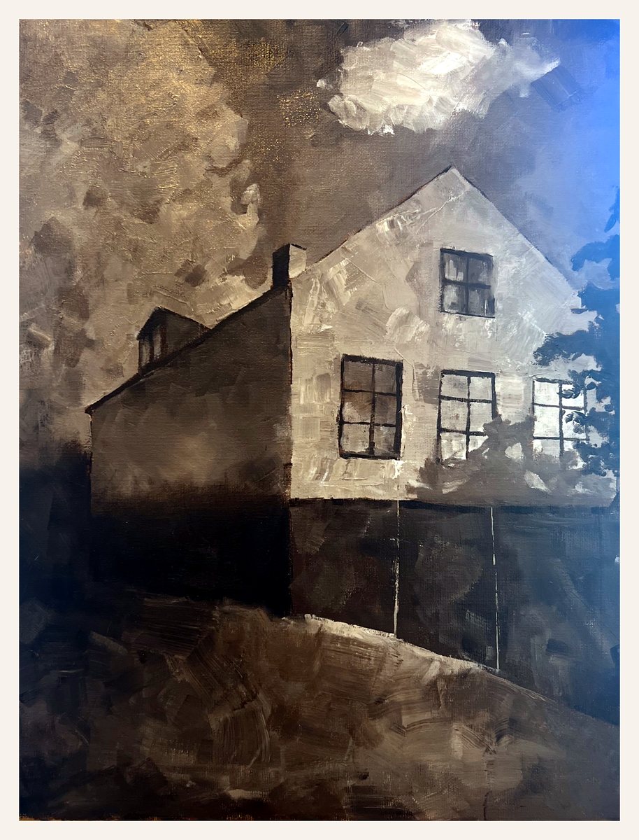 Oil painting of a white house under a dramatic textured sky