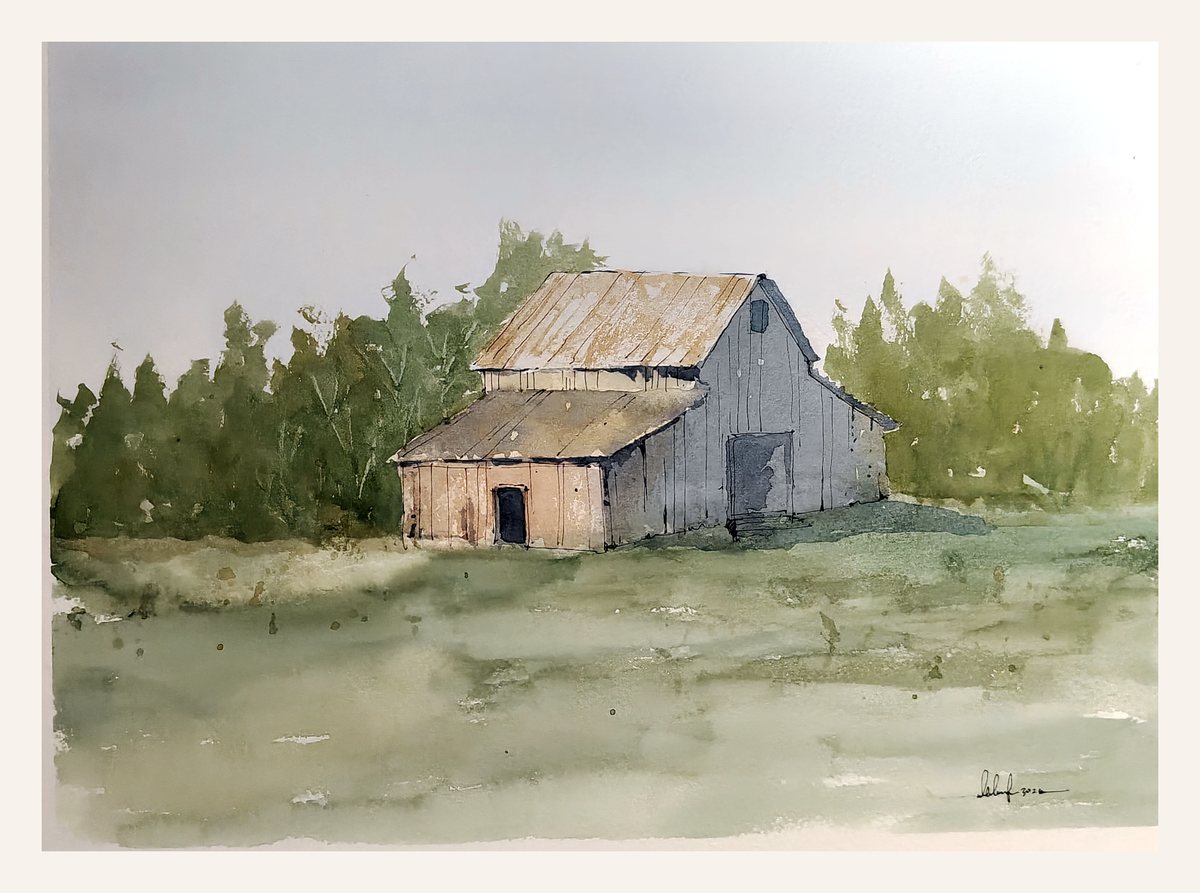 Watercolor painting of a barn surrounded by green trees
