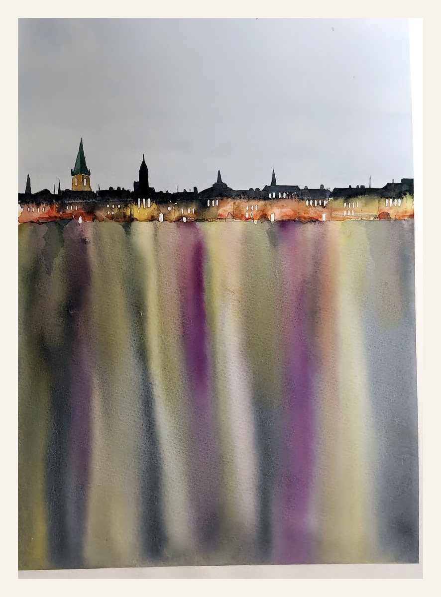 Watercolor painting of a waterfront skyline with colorful reflections