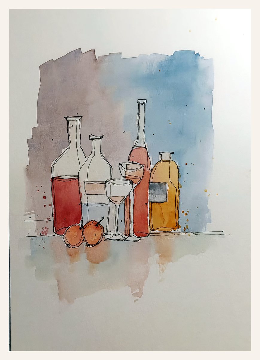 Watercolor and ink painting of bottles, glasses, and fruit