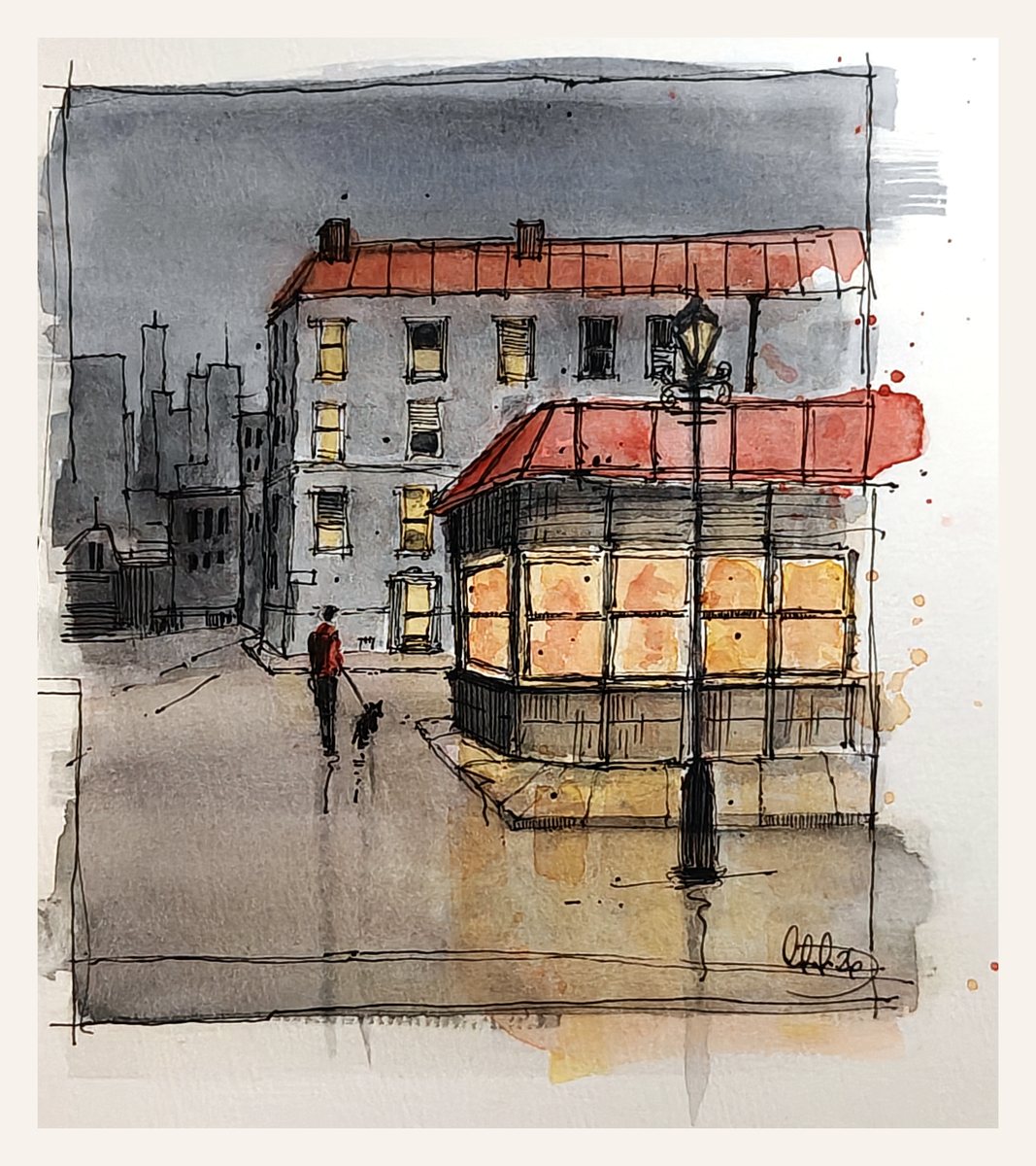 Watercolor and ink painting of a city street with warm windows