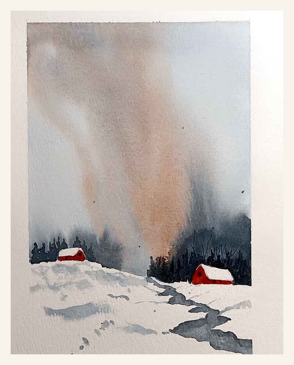 Watercolor painting of red cabins in a snowy winter landscape