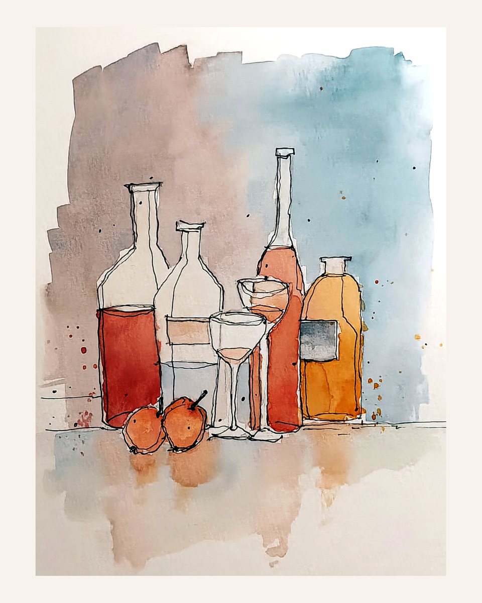 Watercolor and ink painting of bottles, glasses, and fruit